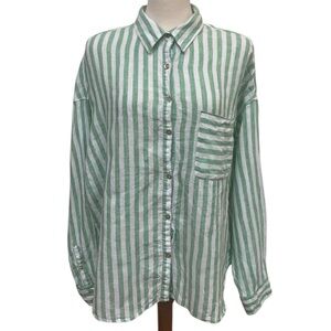 Nicole Miller New York 100% Linen Green and White Striped Button-Up Shirt US XL